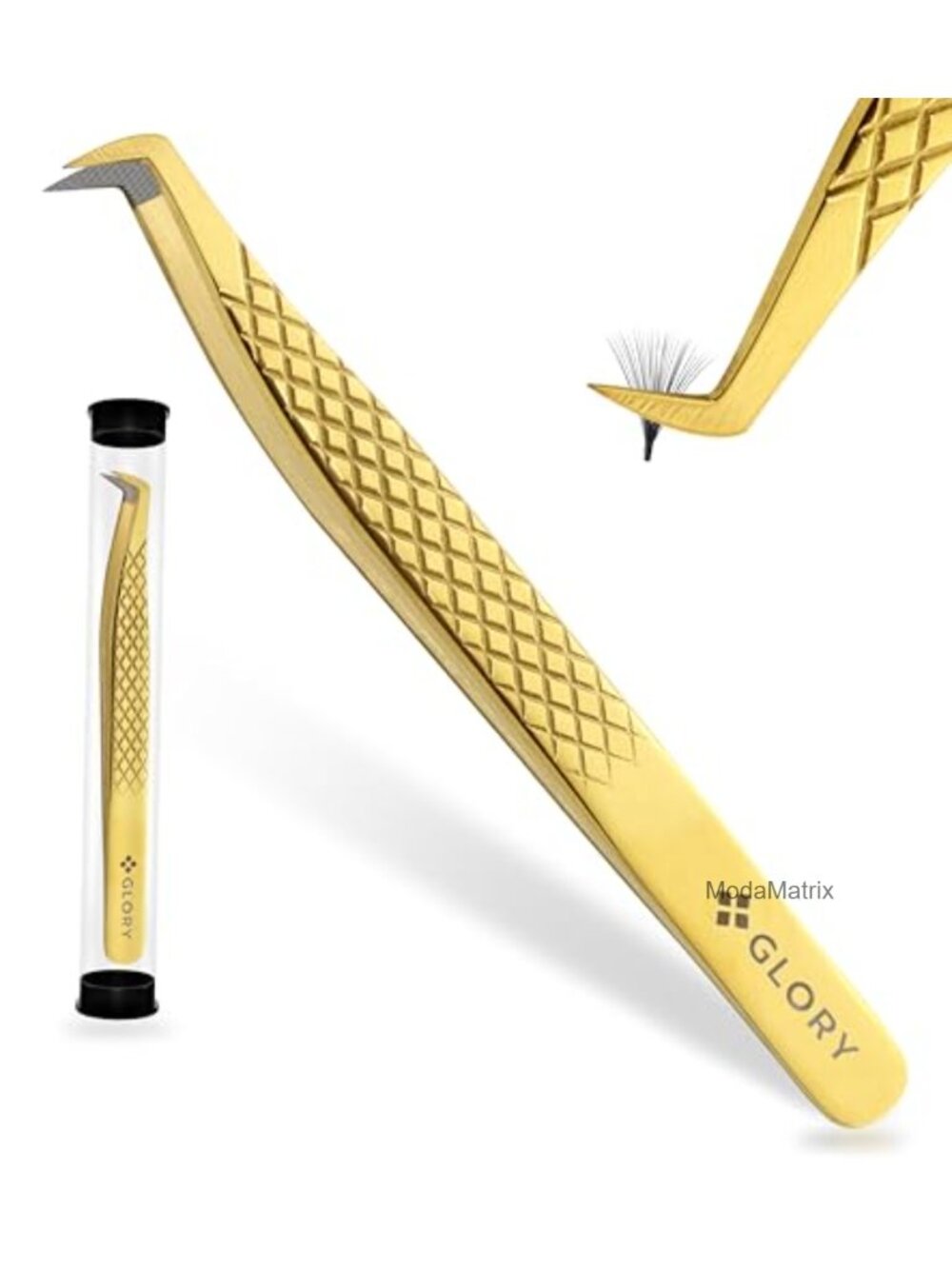 Stainless Steel L-Shape Lash Tweezers Fiber Tip Diamond Grip for Eyelash